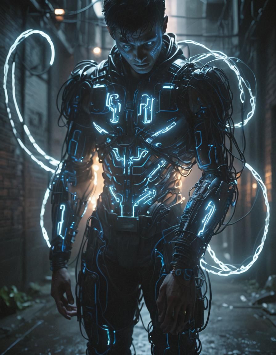 Cyberpunk Transformation in Misty Alleyway