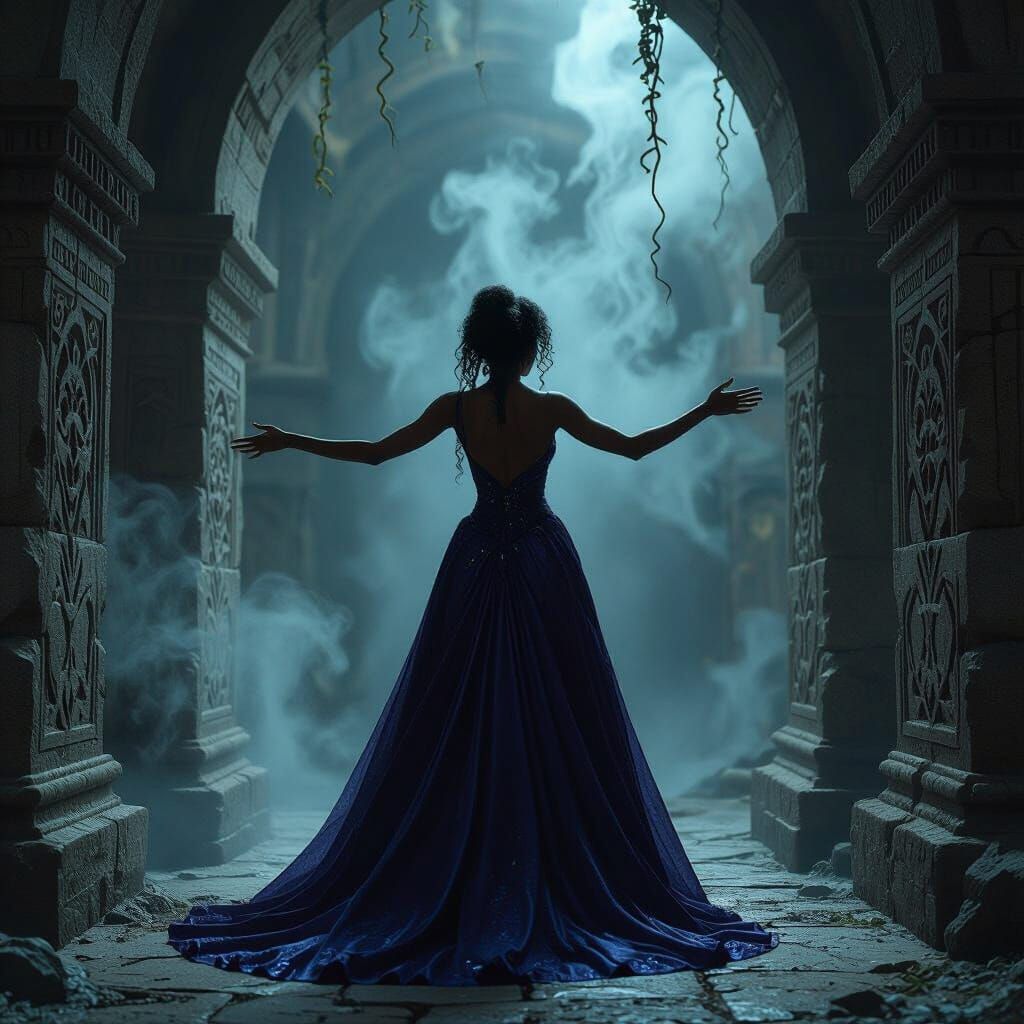 Slender Woman in Jewel-Toned Dress in Ethereal Dungeon