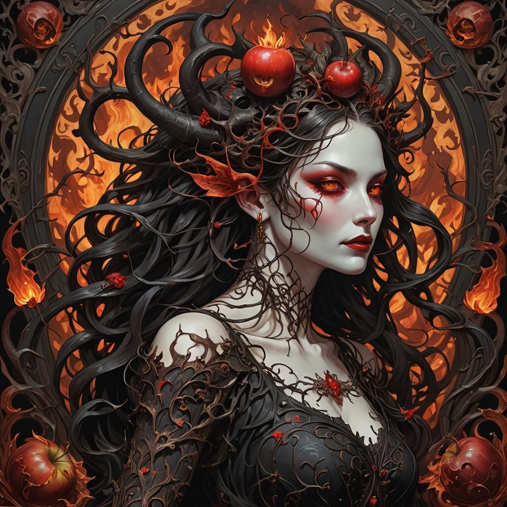 Demon Girl with Crimson Horns in Art Nouveau Style