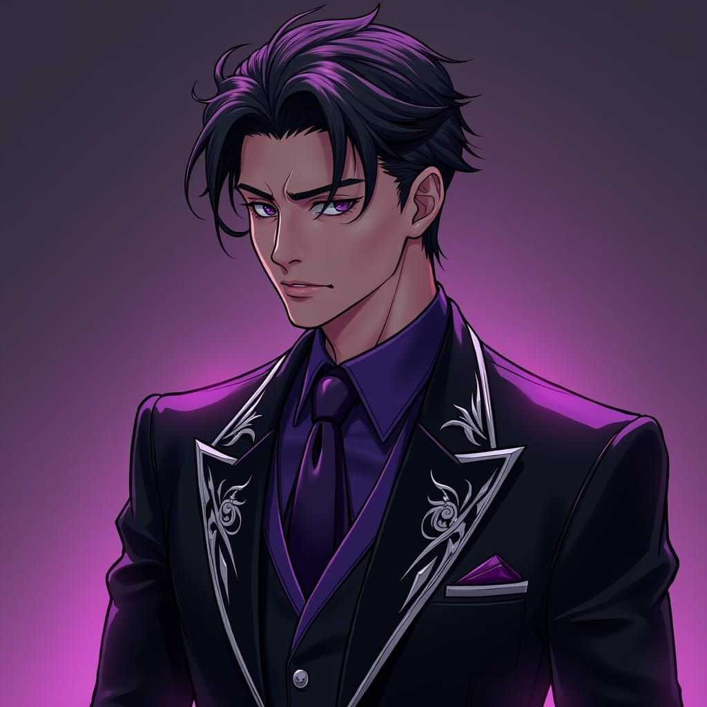 Brooding Male in Black and Purple Anime-Style Suit