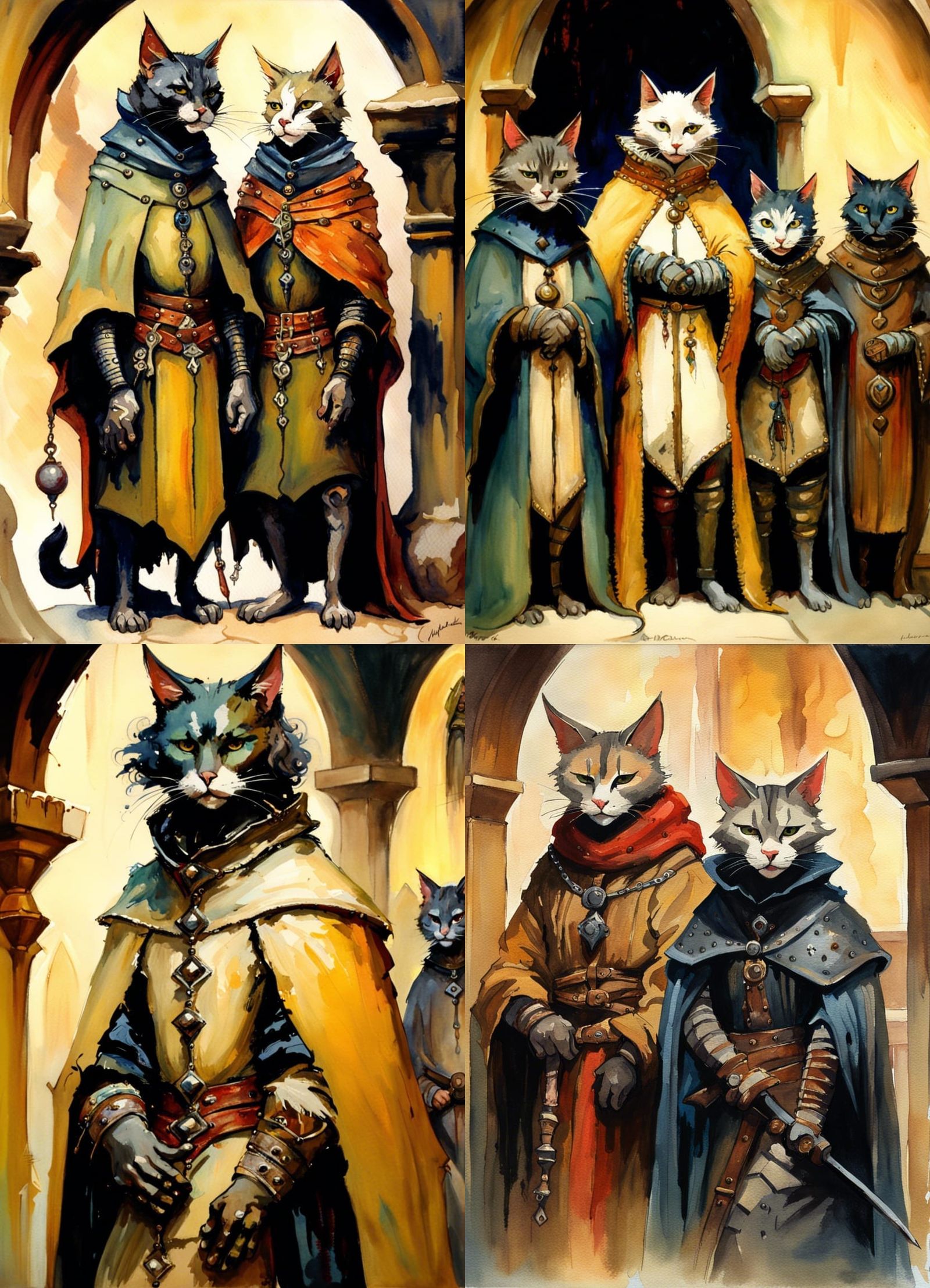 Catfolk in Medieval Garb: Watercolor Impressionist Masterpie...