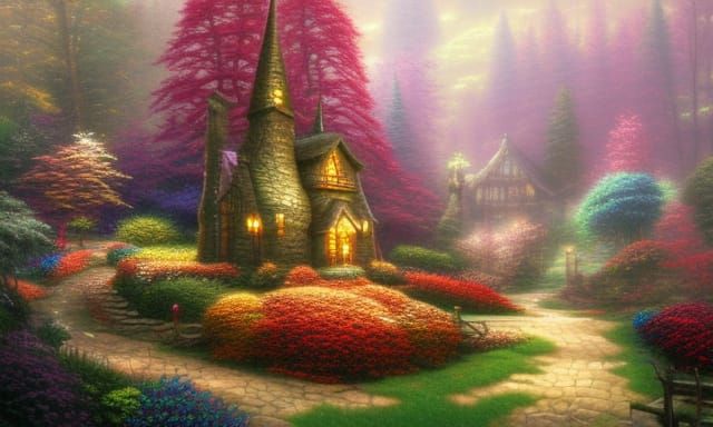 Ethereal Fantasy Village Tower in Autumn Mist