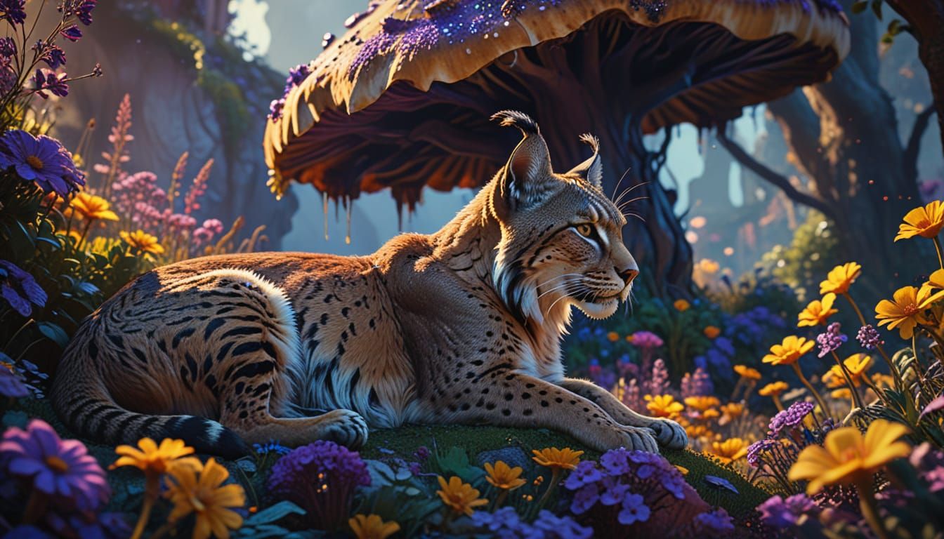 Ethereal Iberian Lynx in Vibrant Mushroom Oasis