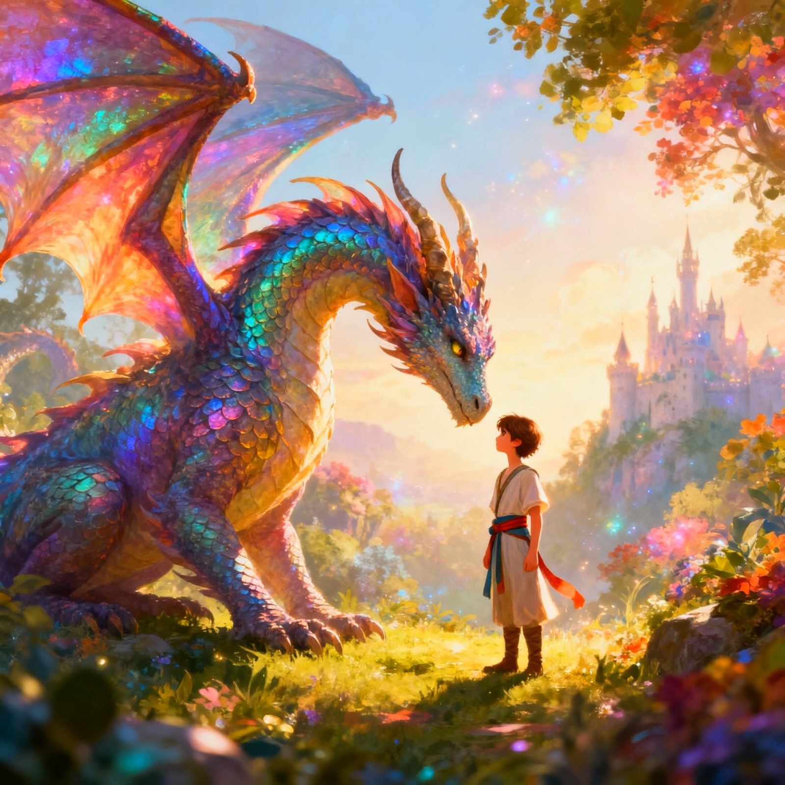 Majestic Dragon Bows to Young Tamer in Fairytale Scene