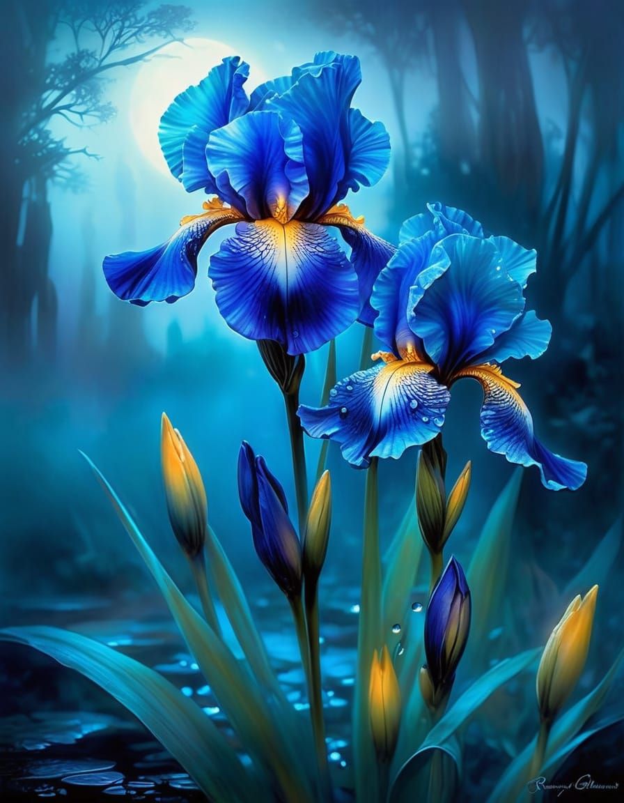 Bioluminescent Azure Iris in Foggy Moonlight Mist