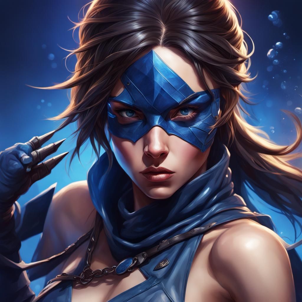Hyperrealistic Sapphire Assassin Portrait in Splash Art Styl...