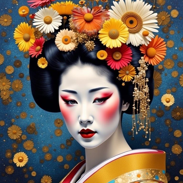 Geisha with Daisies: Iridescent Neo-Impressionist Portrait