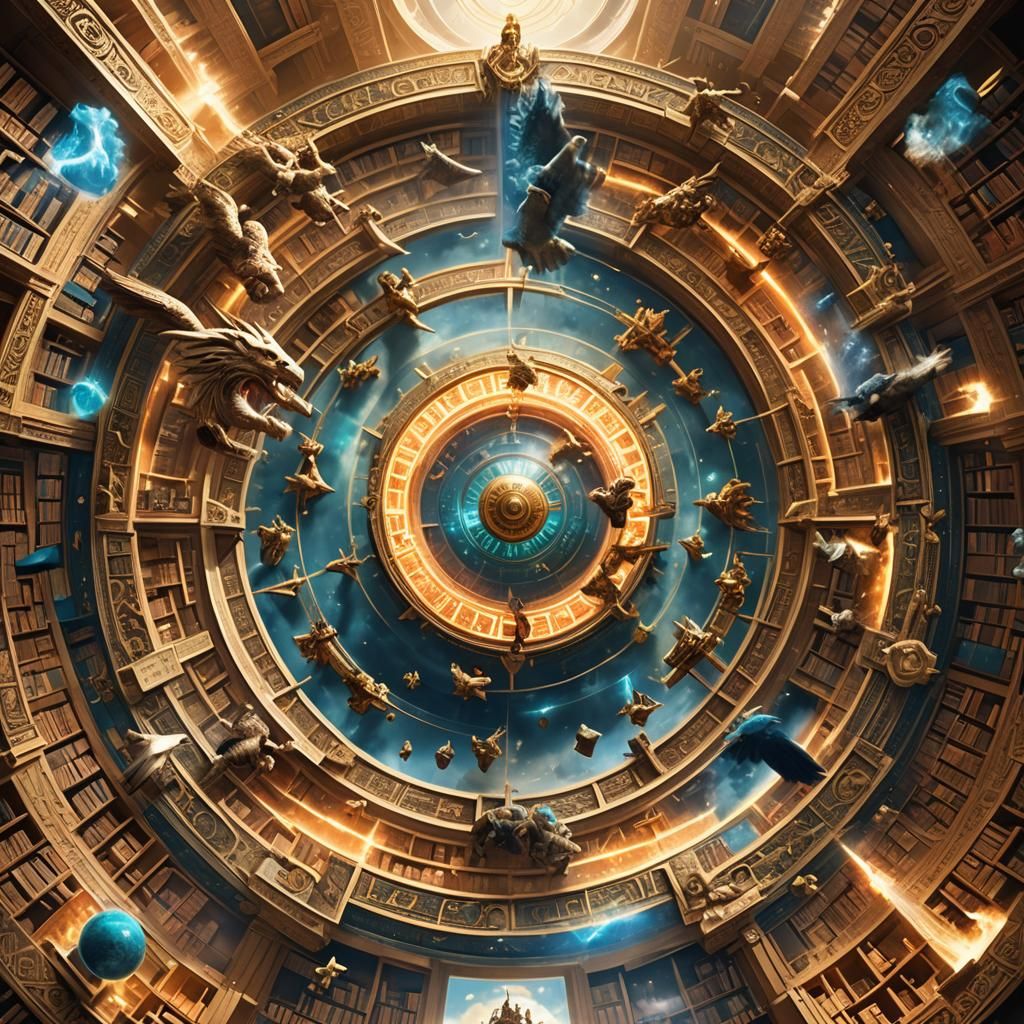 Epic God Battle Above Ancient Library, 3D Render