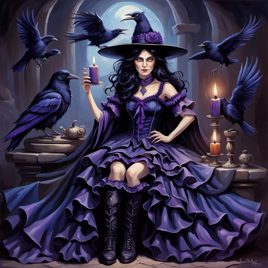 Beautiful Witch with Crow: Fantasy Oil Painting