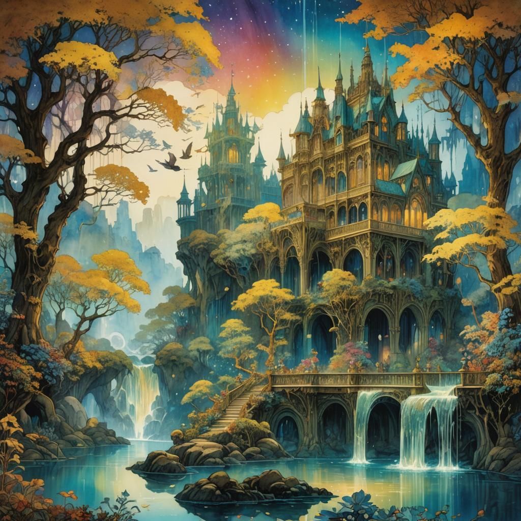 Fantasy Palace with Mermaids in Golden Age Style