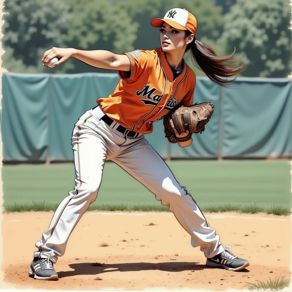Female Baseball Player Throws Pitch in Comic Sketch