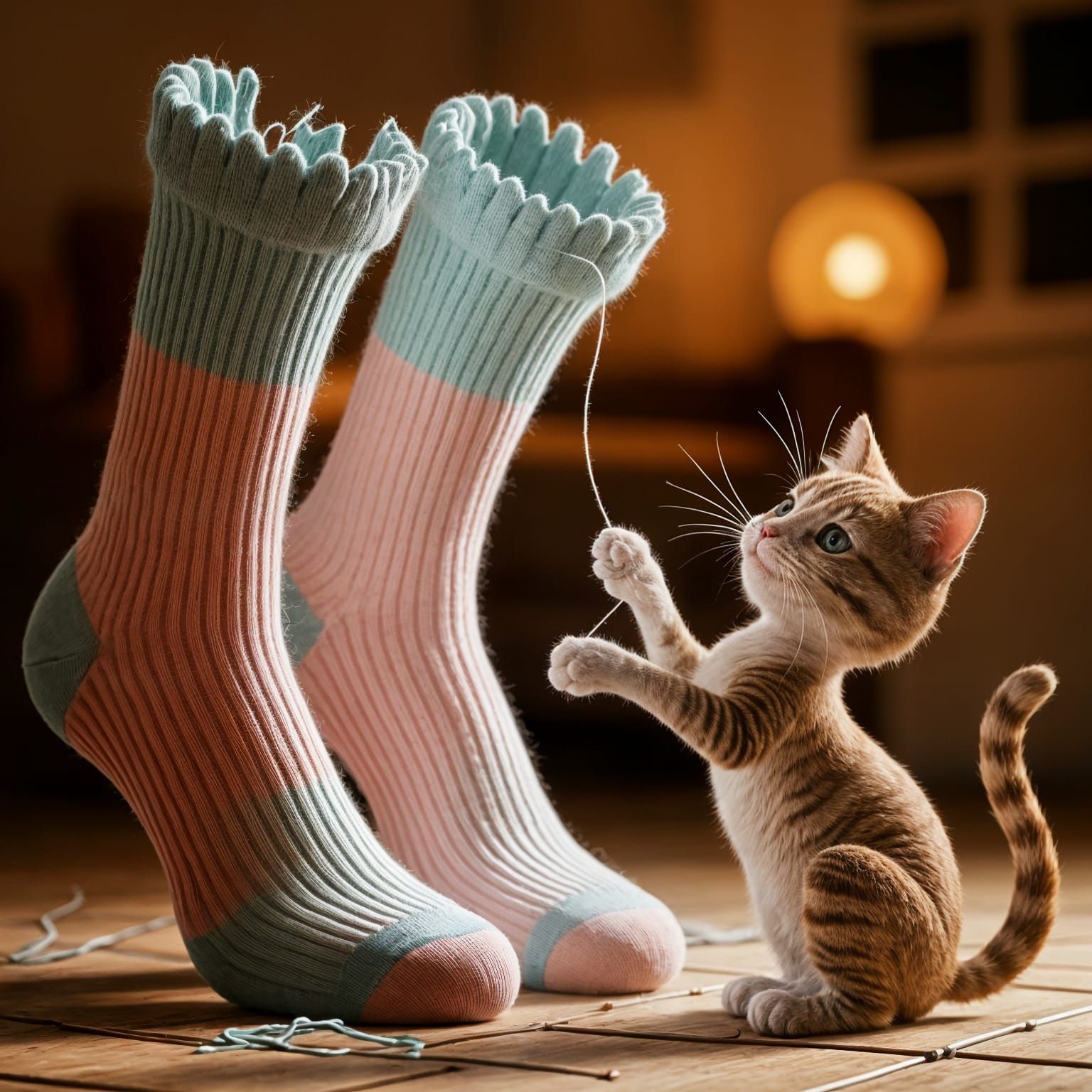Animated Cat Unraveling Socks in Hyperdetailed Pastel Scene