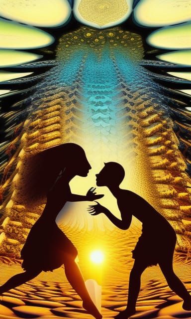 Lovers Kiss in Fractal Fireworks Silhouette