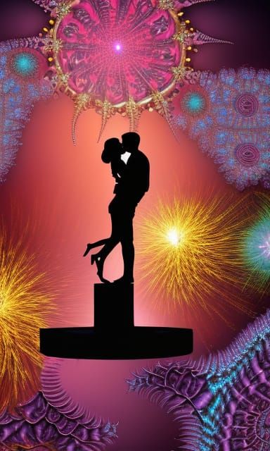 Lovers Kissing on Beach with Fractal Fireworks