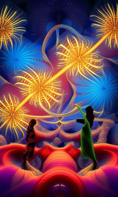 Lovers Kissing Silhouette with Fractal Fireworks