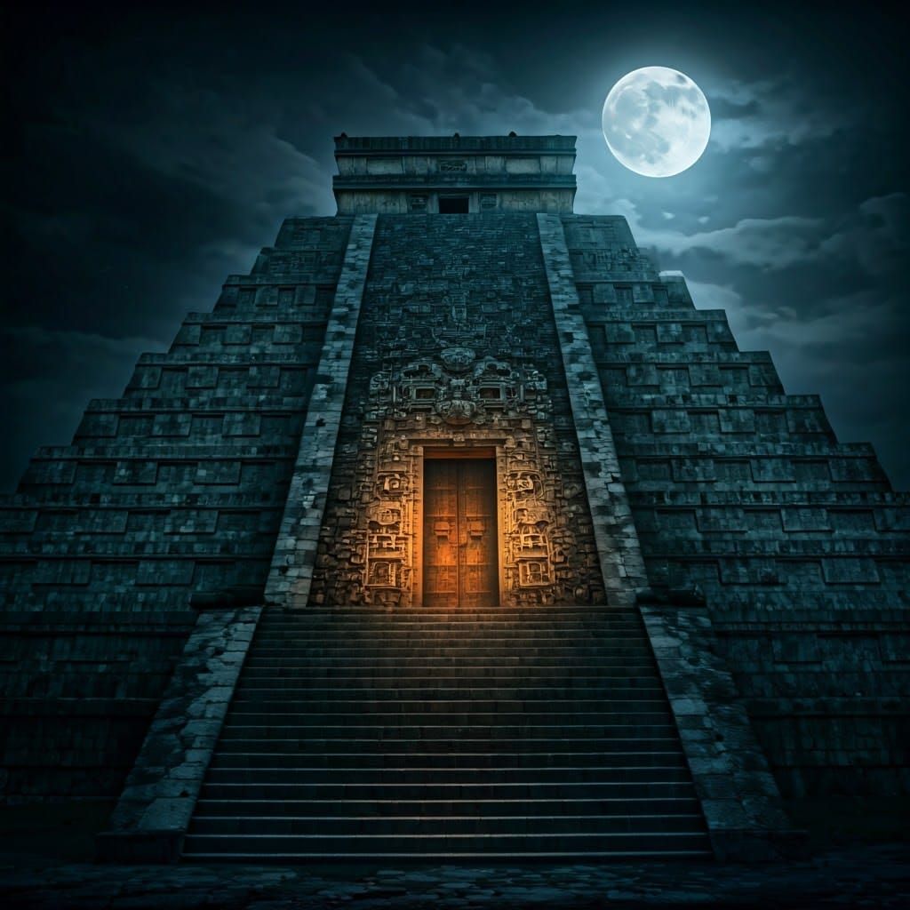 Mesoamerican Temple Veiled in Mystical Fog Under Full Moon