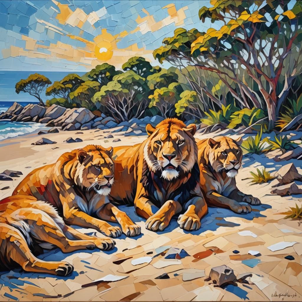 Sabertooth Sunbathing: Neo-Impressionist Beach Scene
