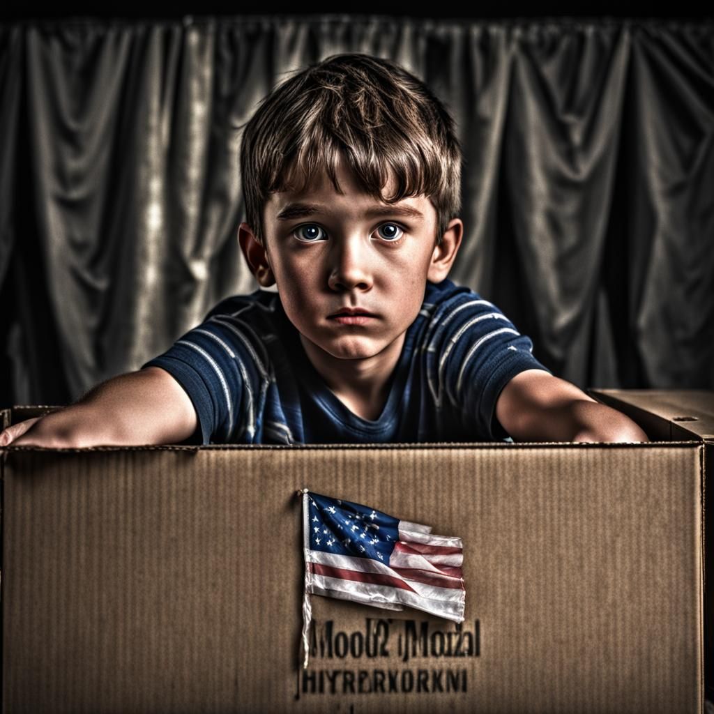 Boy in Box with Flag, Hyperrealistic Image