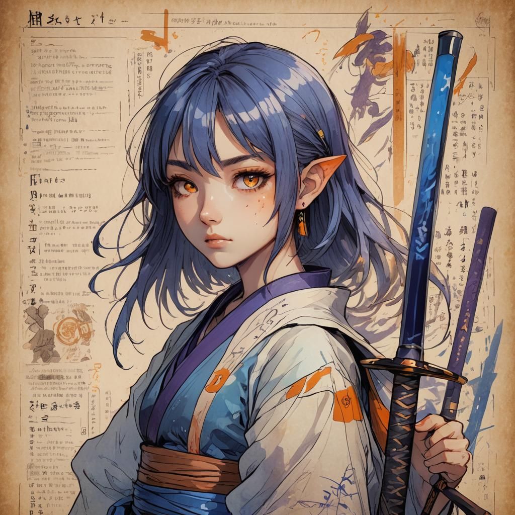 Manga Girl with Katana and Character Sheet