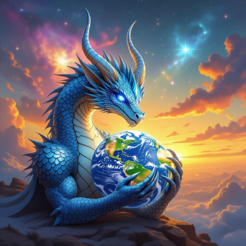 Dragon Cradling Earth in Cosmic Fantasy Scene