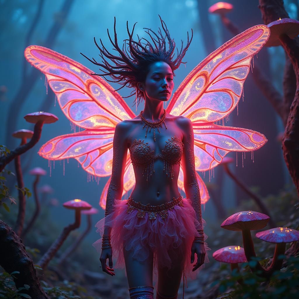 Vibrant Neon Fairy in Futuristic Rave Landscape