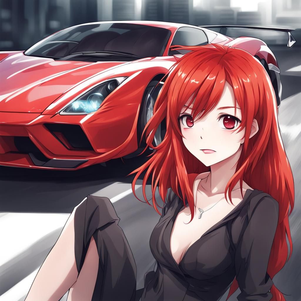 Anime Girl with Red Hair and Supercar