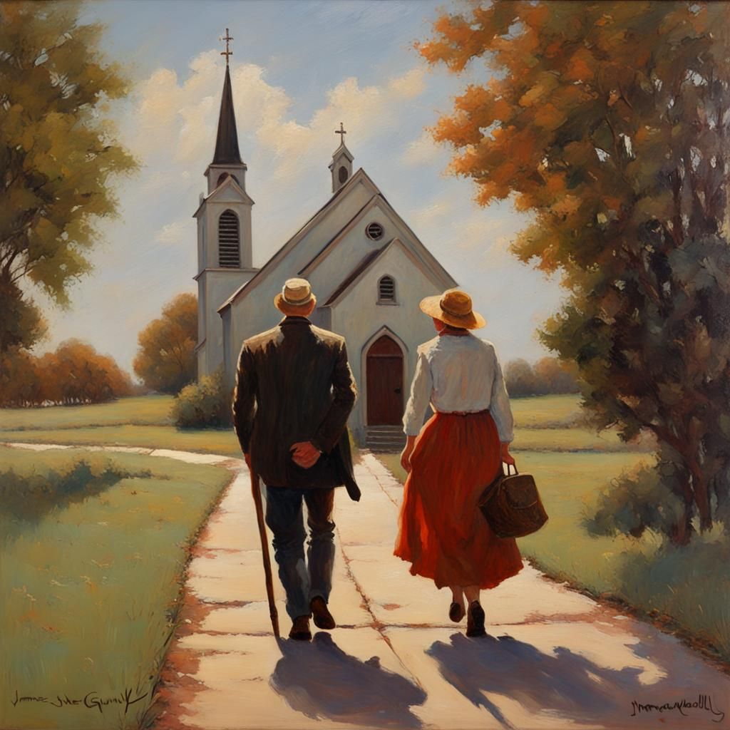 Lovers Walking to Church in Rockwell Style