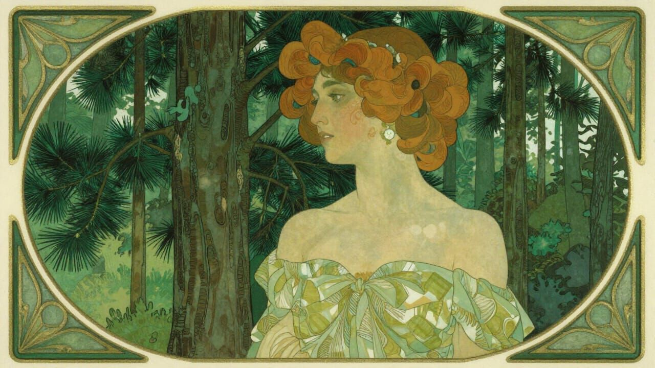 Art Nouveau Forest Scene With Art Deco Borders