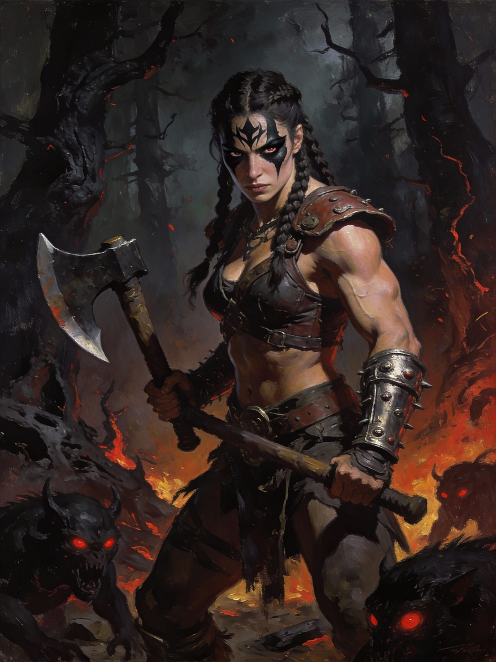 Post-Apocalyptic Warrior Woman with Axe in Petrified Forest