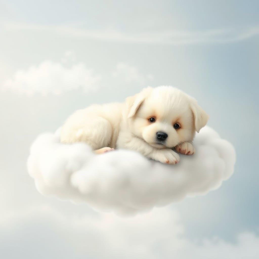 Puppy Lounging on Cloud in Whimsical Style