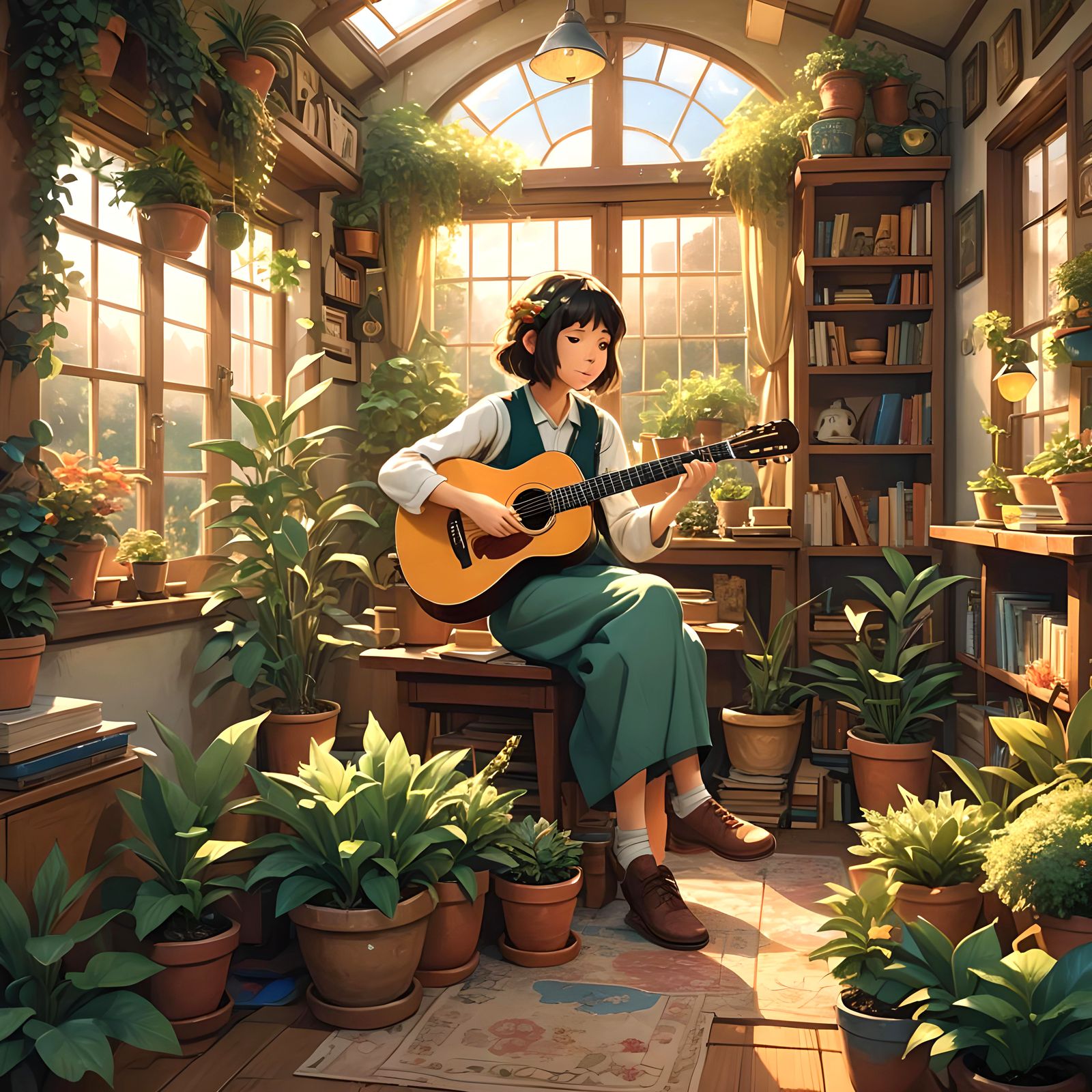 Cozy Sunlit Music Room with Guitar and Black Cat