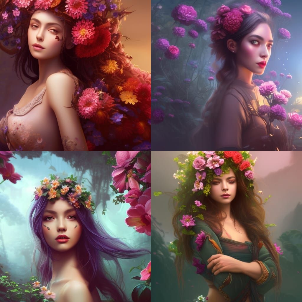 Beautiful Girl with Flowers: Detailed Matte Painting