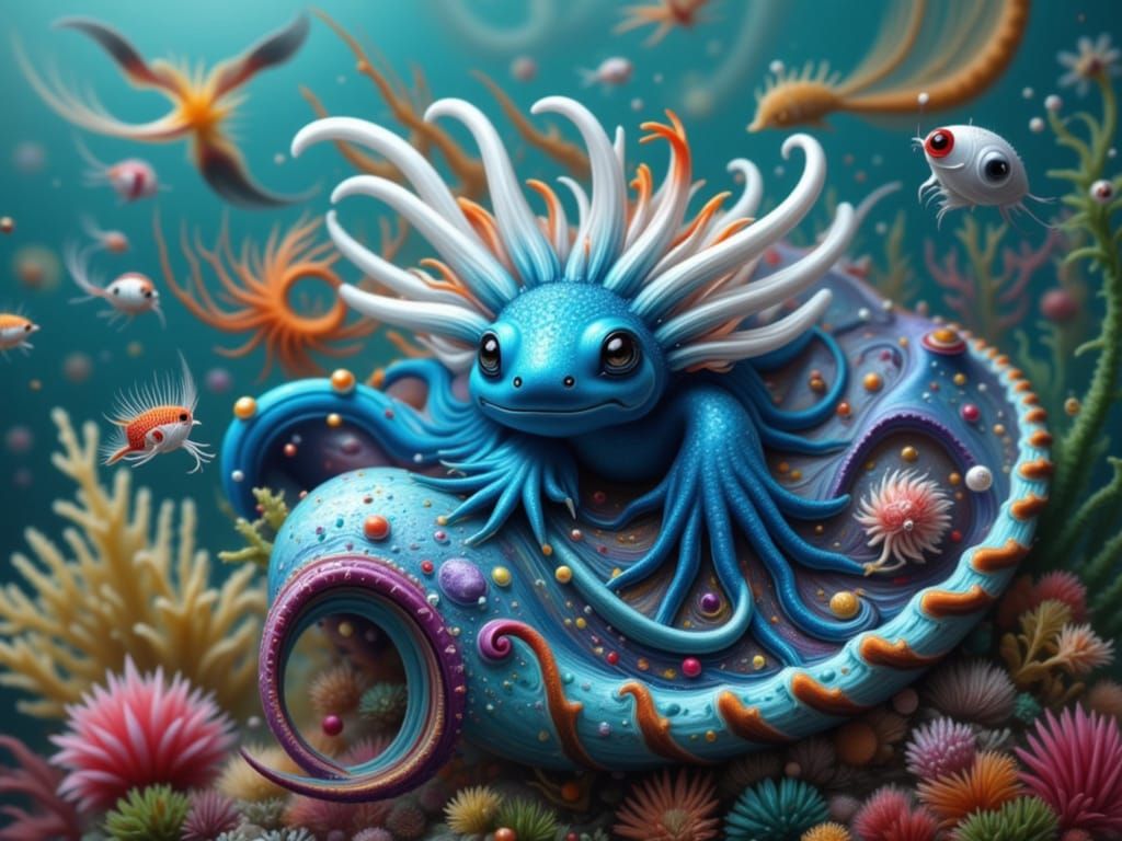 Royal Blue Axolotl on Nautilus Shell as Concept Art