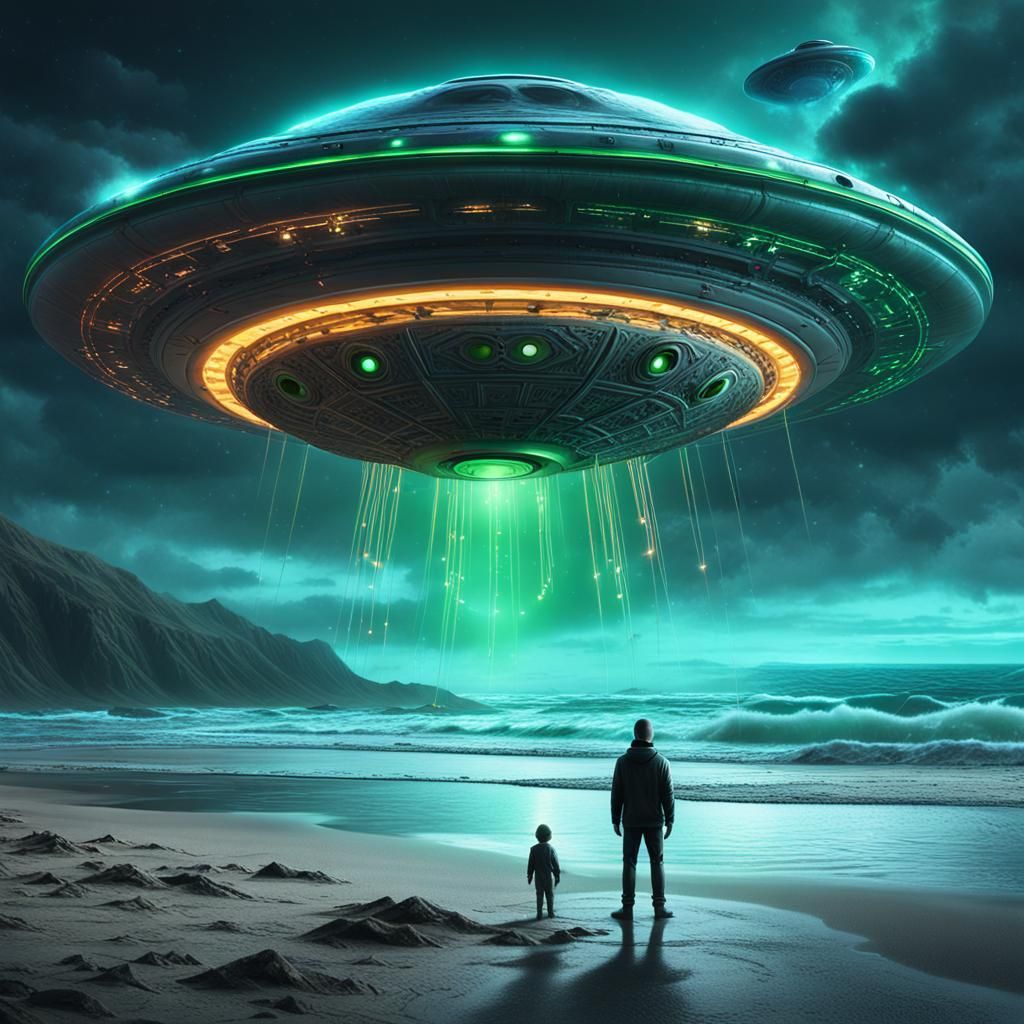 Alien Frog Man and UFO on Seashore