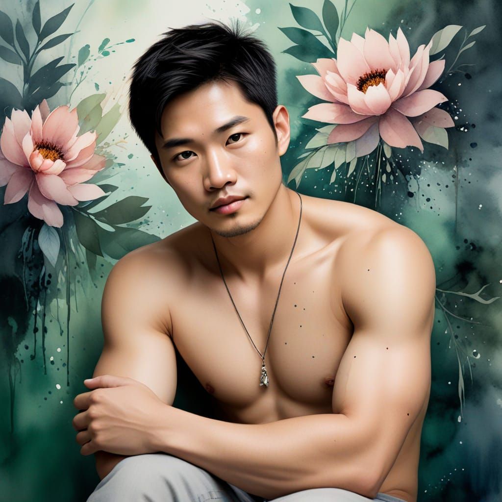Young Man Relaxing in Dreamy Watercolor Floral Surroundings