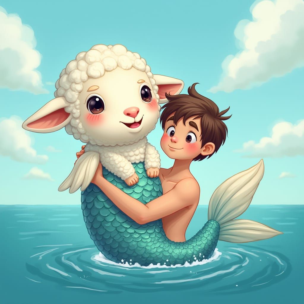 Whimsical Lamb-Fish Hybrid in Sunny Sea