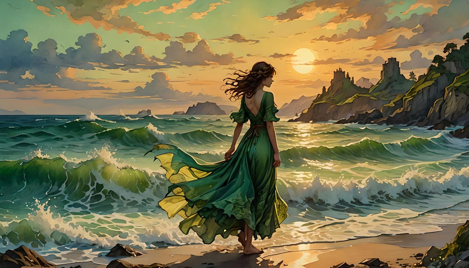 Golden Hour Sunset: Girl, Dragon, and Sea