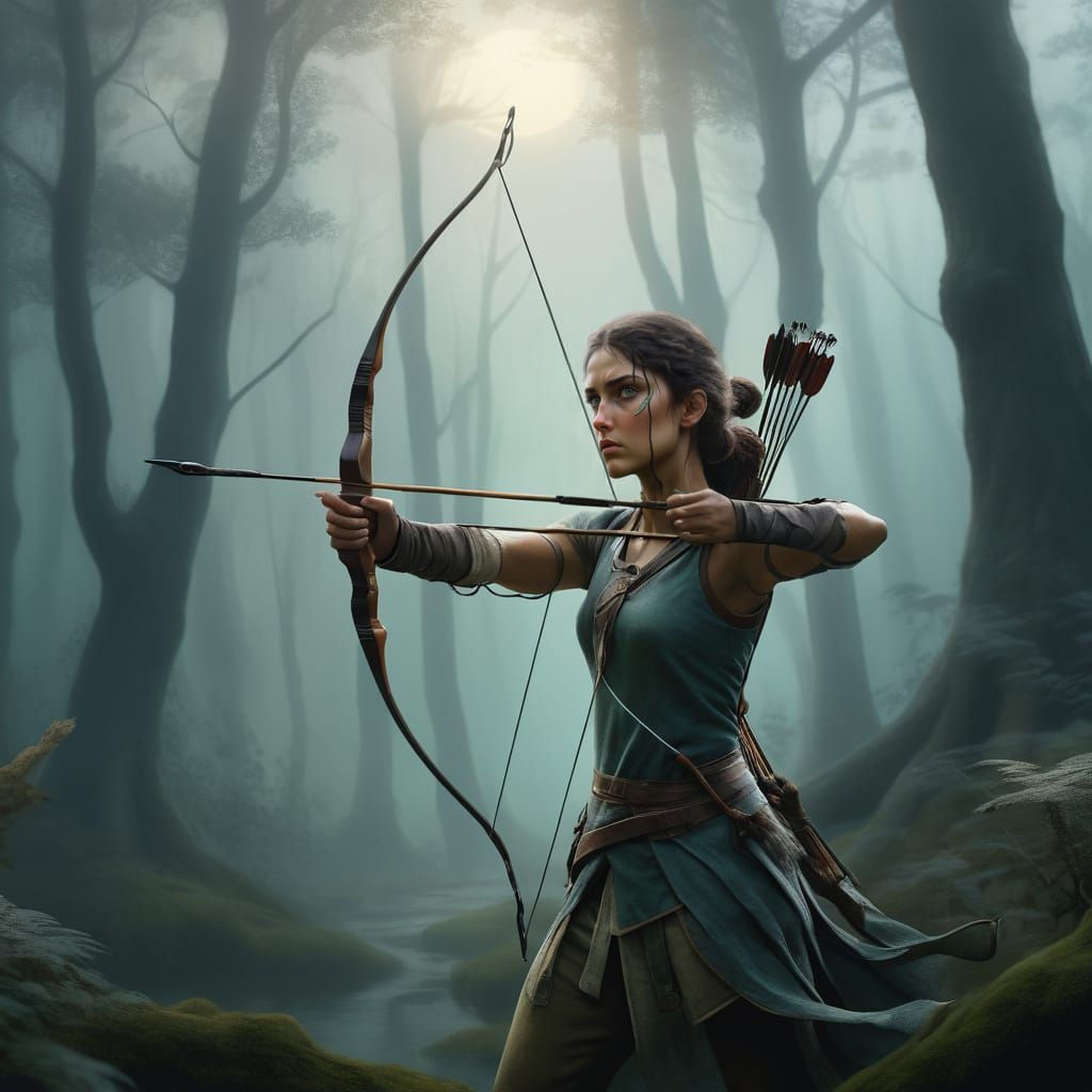 Amaia Aberasturi-inspired archer, dressed in moss-green cloa...