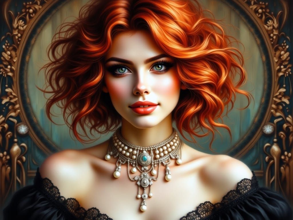 Elegant Woman in Art Deco Style with Pearl and Diamond Choke...