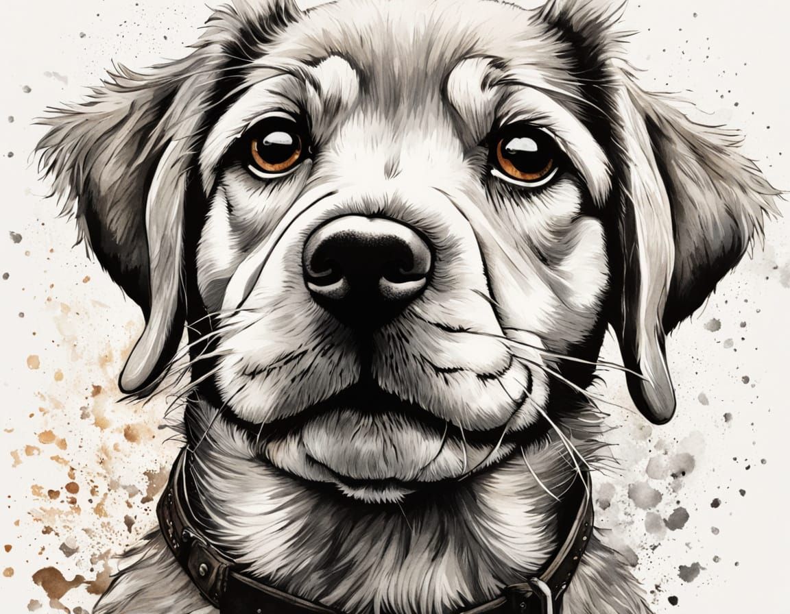 Tiny Puppy with Sad Eyes, Delicate Ink Illustration