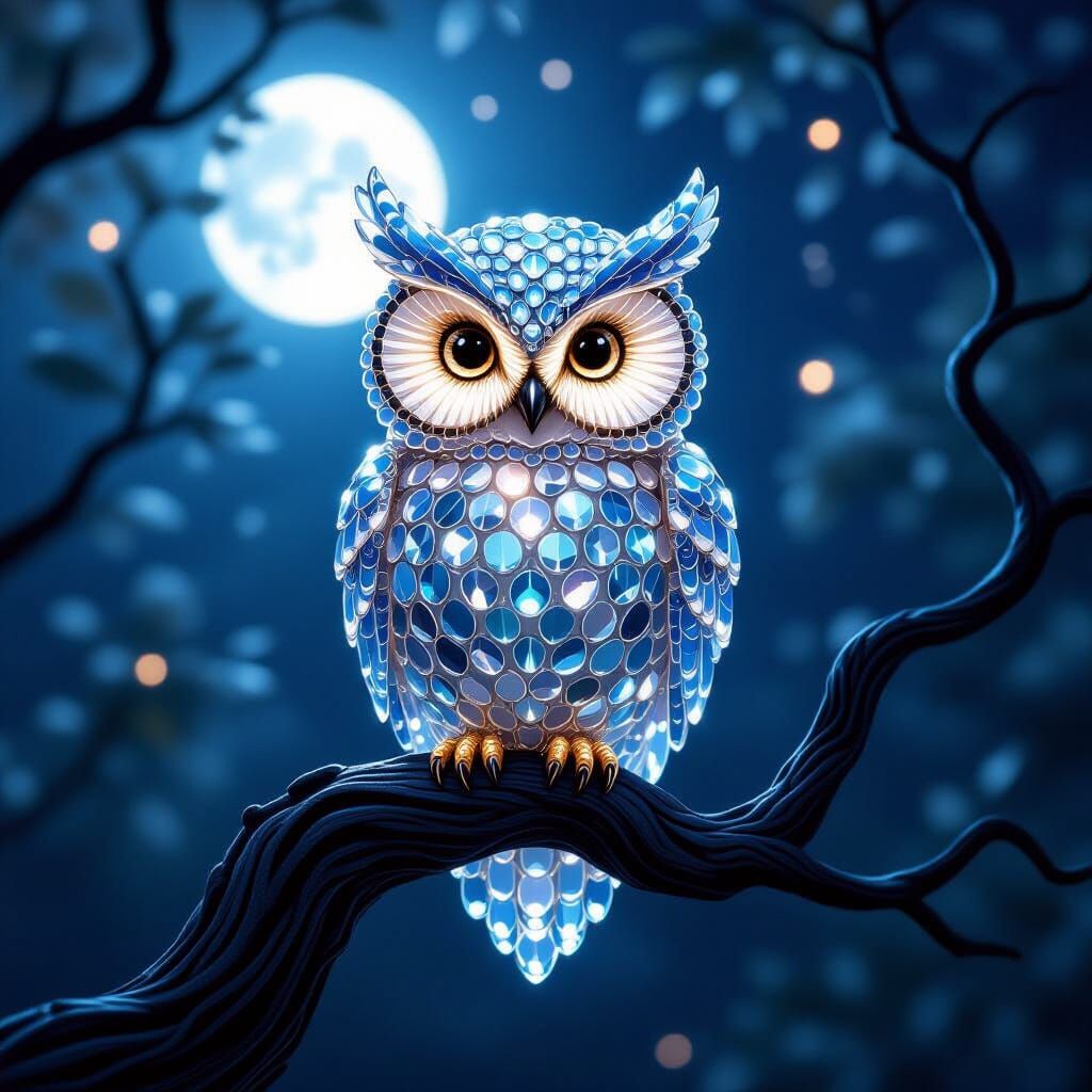 Crystalline Owl Perched on Branch in Ethereal Moonlight