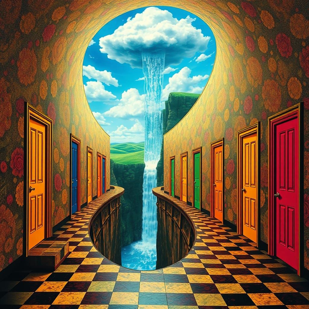 Psychedelic Klimt-Inspired Dreamscape with Waterfall