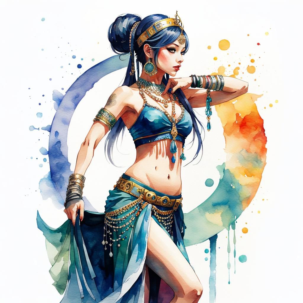 Aetherpunk Belly Dancer in Watercolor Style