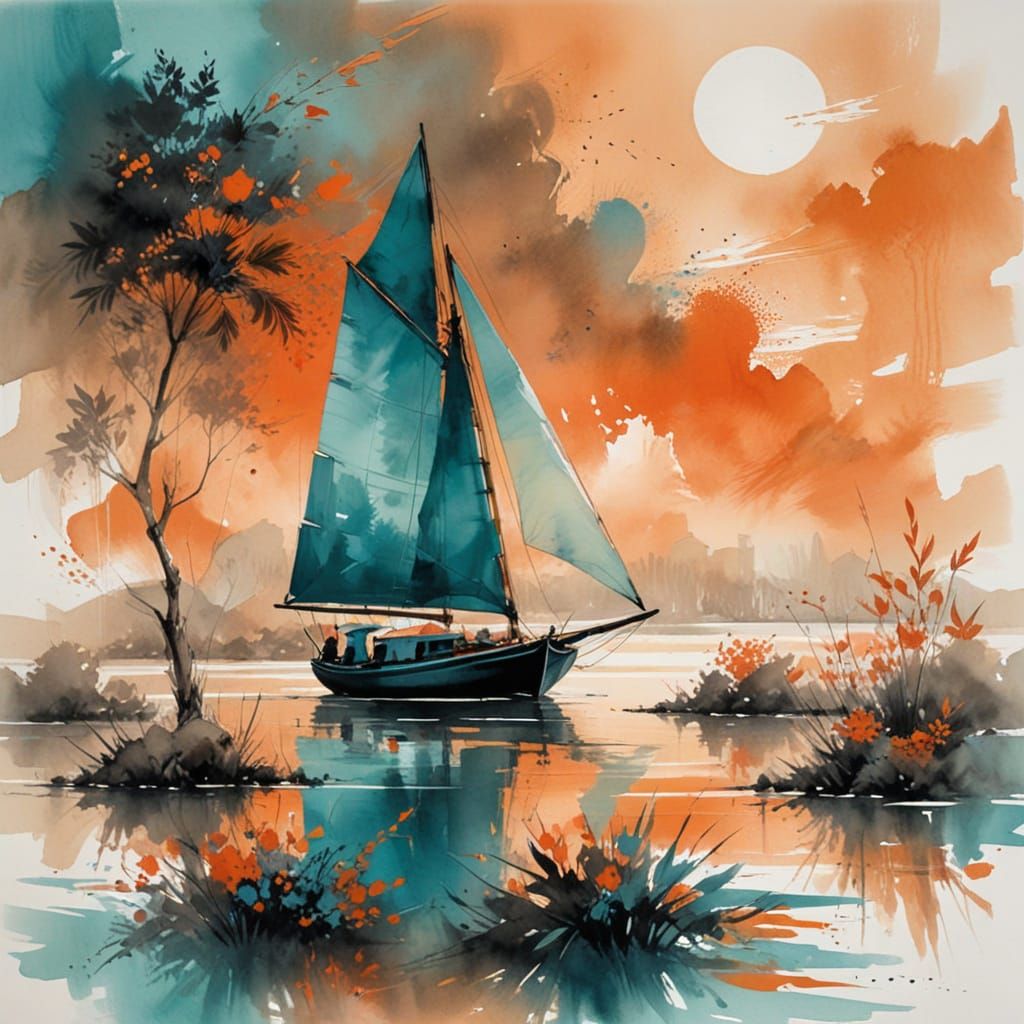 Turquoise Sailboat at Coral Lagoon: Ink Wash