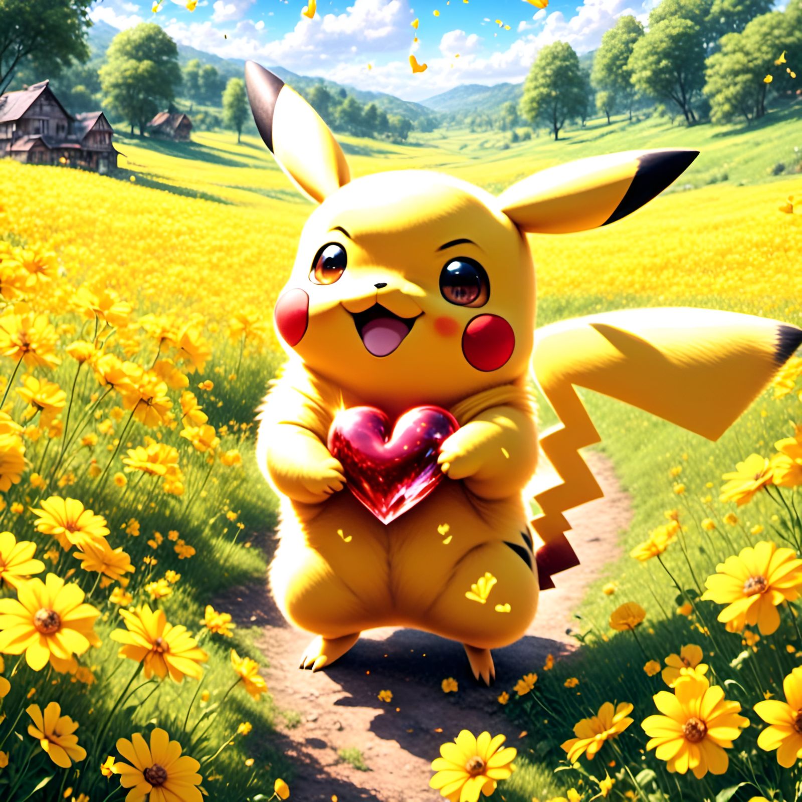 Cute Pikachu with Yellow Heart in Flower Field