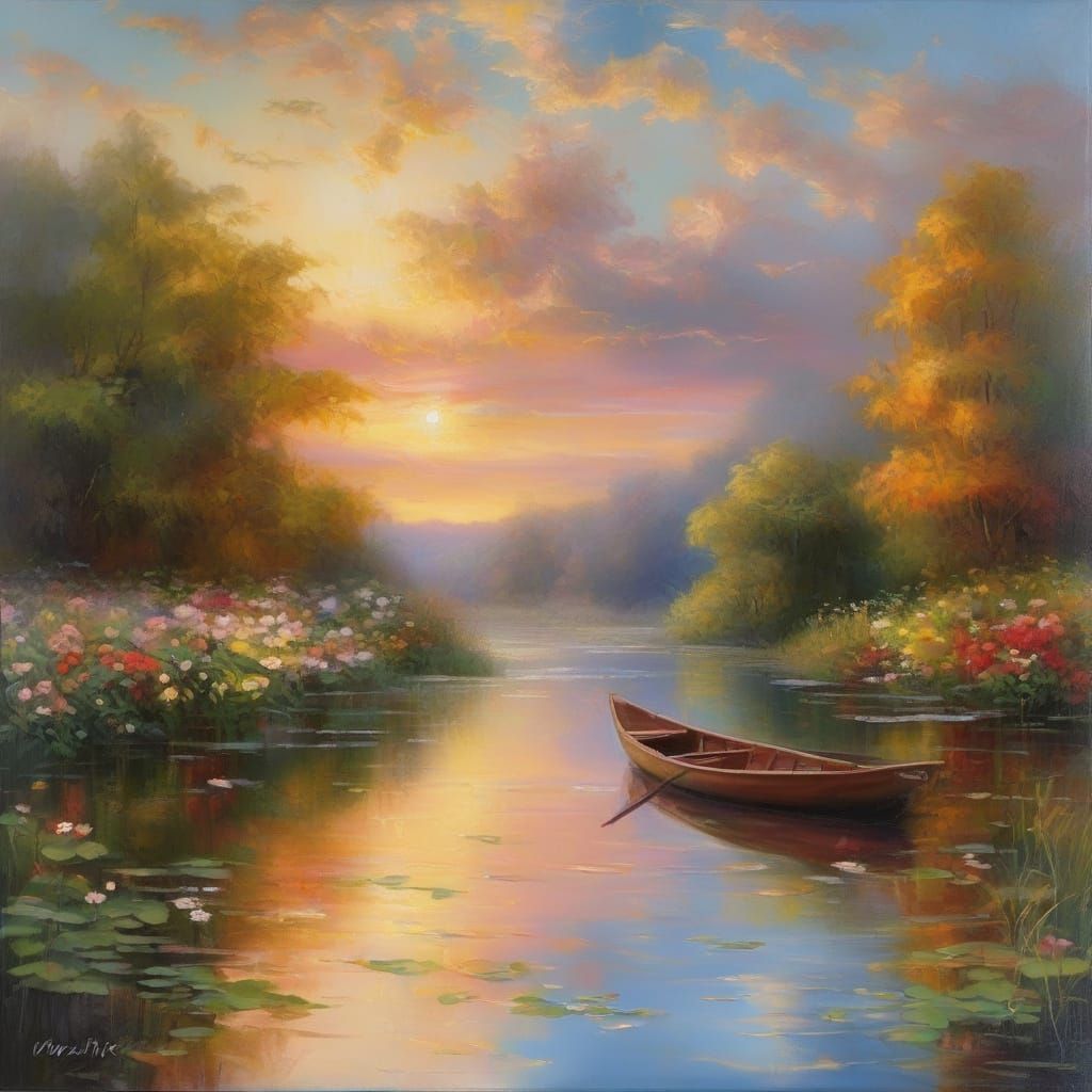 Golden English Garden with Serene River and Floating Canoe