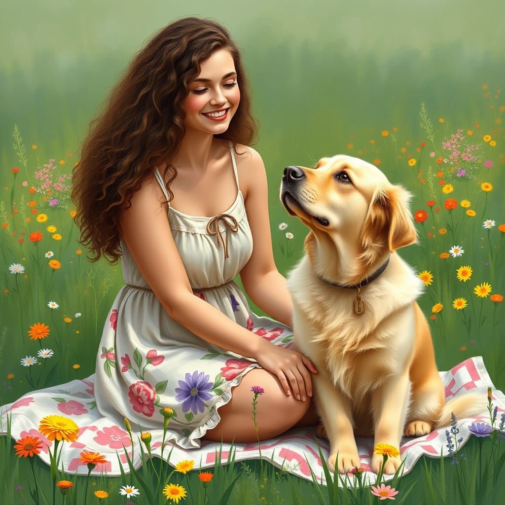 Woman and Loyal Golden Retriever in Lush Meadow