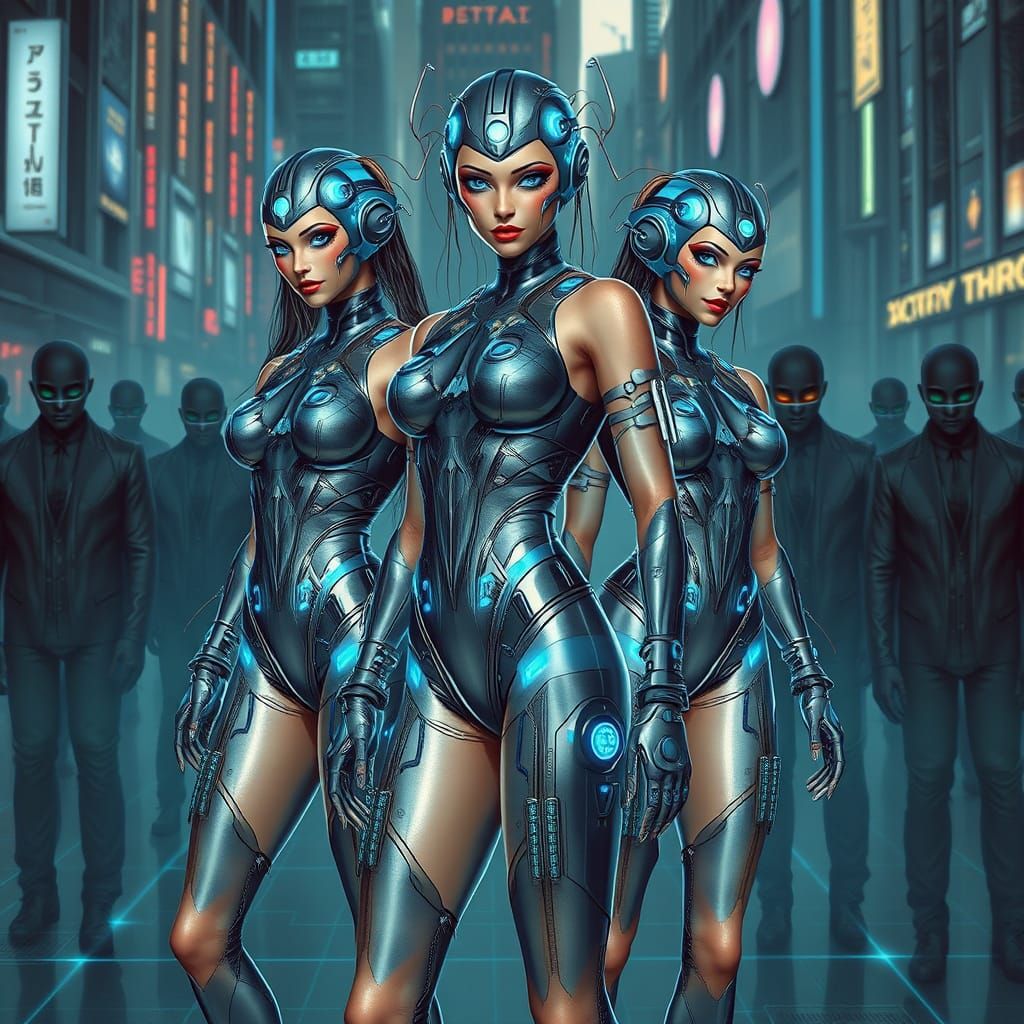 Futuristic Cybernetic Women in a Gritty Cityscape