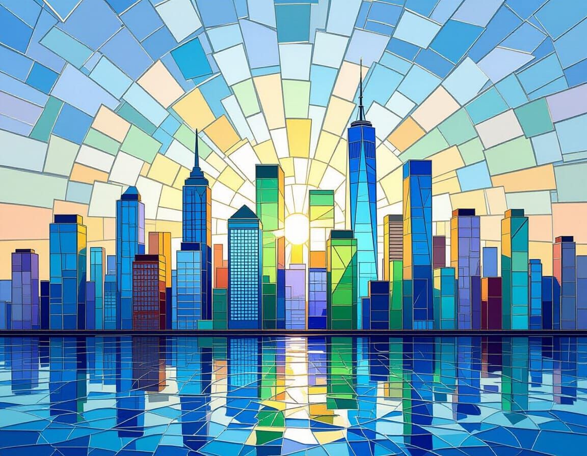 Sea Glass Cityscape: Vibrant Skyline Art