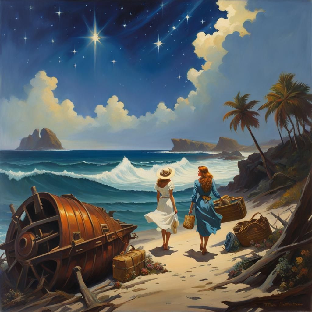 Shipwrecked Traveler's Shopping Trip in Oil Painting Style